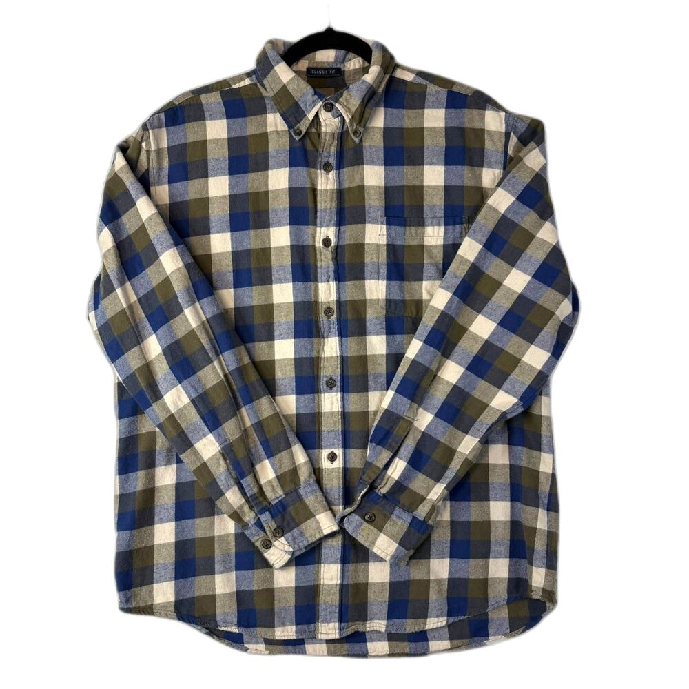St. John's Bay Men's Large Plaid Flannel Shirt Blue Olive Green gorpcore grunge